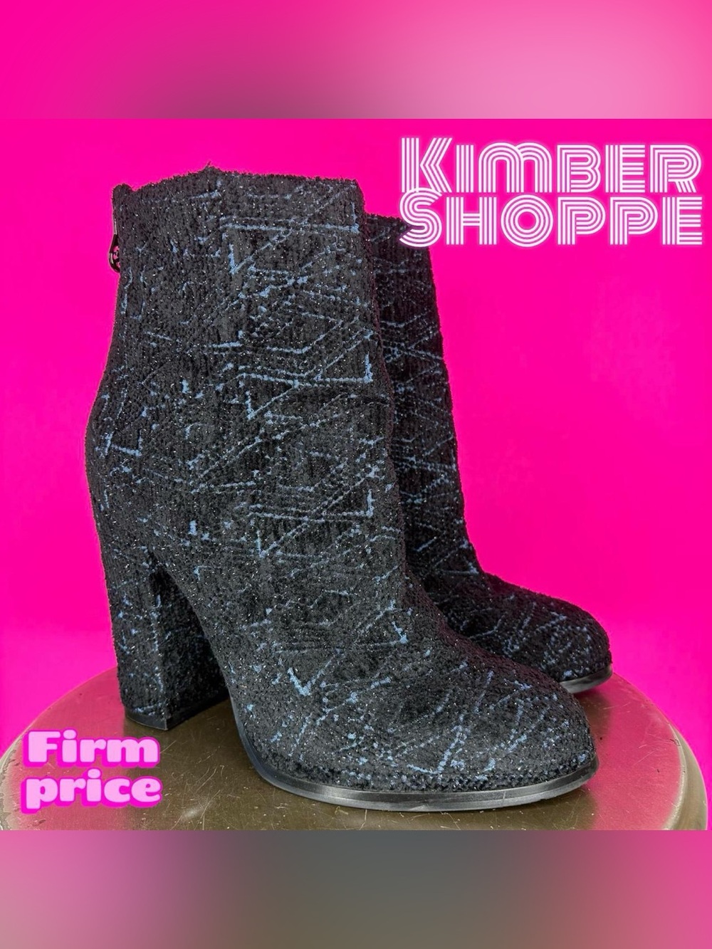 Guess Vohnda Textured Black Blue Fabric Platform Block Heel Ankle Boot US 9